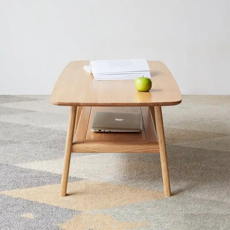 Table basse rectangulaire à deux niveaux en bois massif naturel Grondin Nordic avec étagère