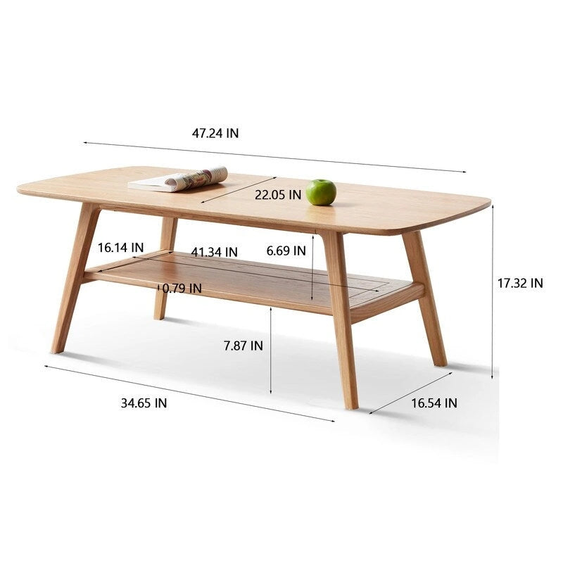 Table basse rectangulaire à deux niveaux en bois massif naturel Grondin Nordic avec étagère