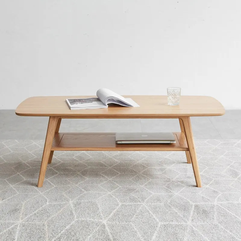 Table basse rectangulaire à deux niveaux en bois massif naturel Grondin Nordic avec étagère