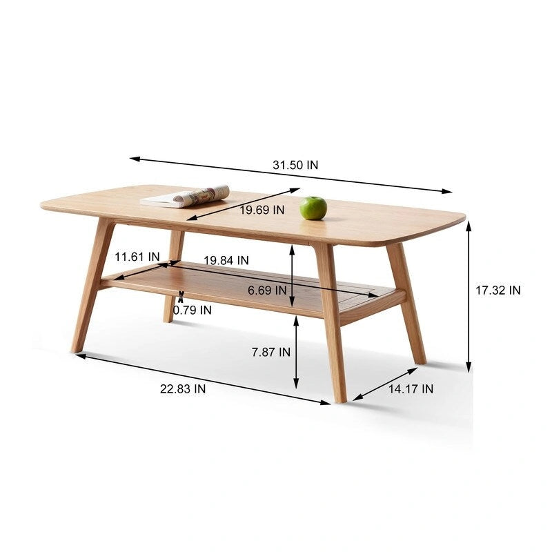 Table basse rectangulaire à deux niveaux en bois massif naturel Grondin Nordic avec étagère
