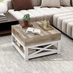 Table basse carrée Moasis Farmhouse avec plateau relevable et étagère de rangement pour salon