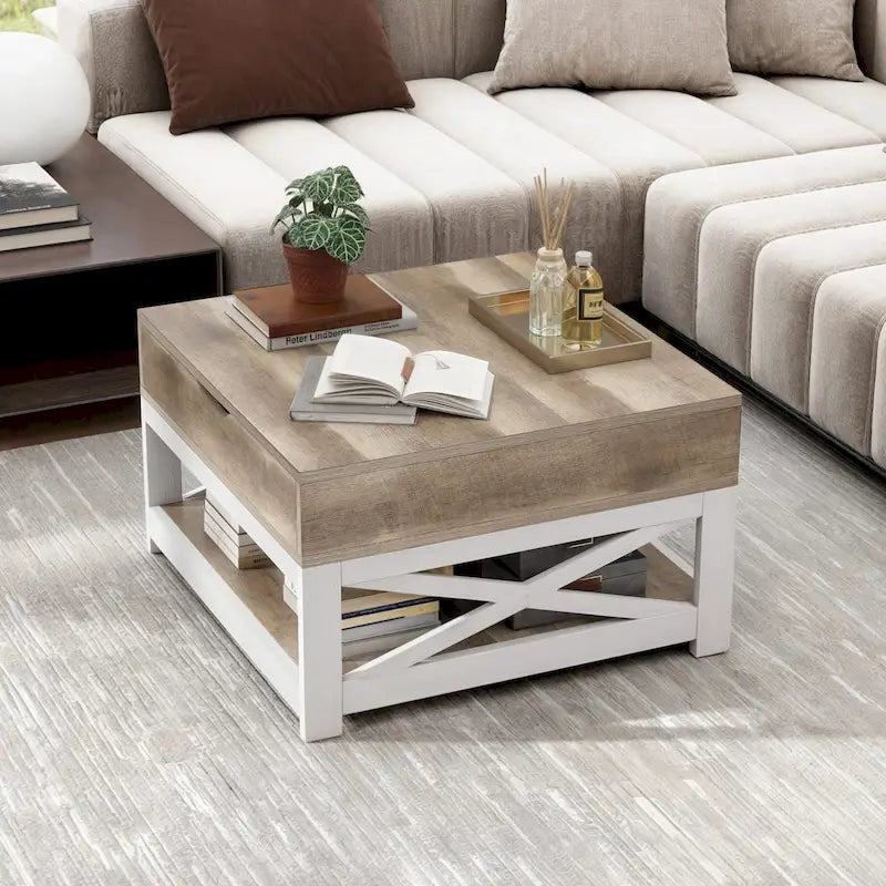 Table basse carrée Moasis Farmhouse avec plateau relevable et étagère de rangement pour salon