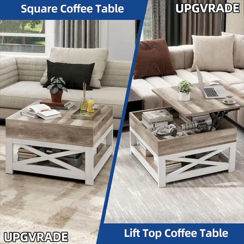 Table basse carrée Moasis Farmhouse avec plateau relevable et étagère de rangement pour salon