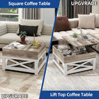 Table basse carrée Moasis Farmhouse avec plateau relevable et étagère de rangement pour salon