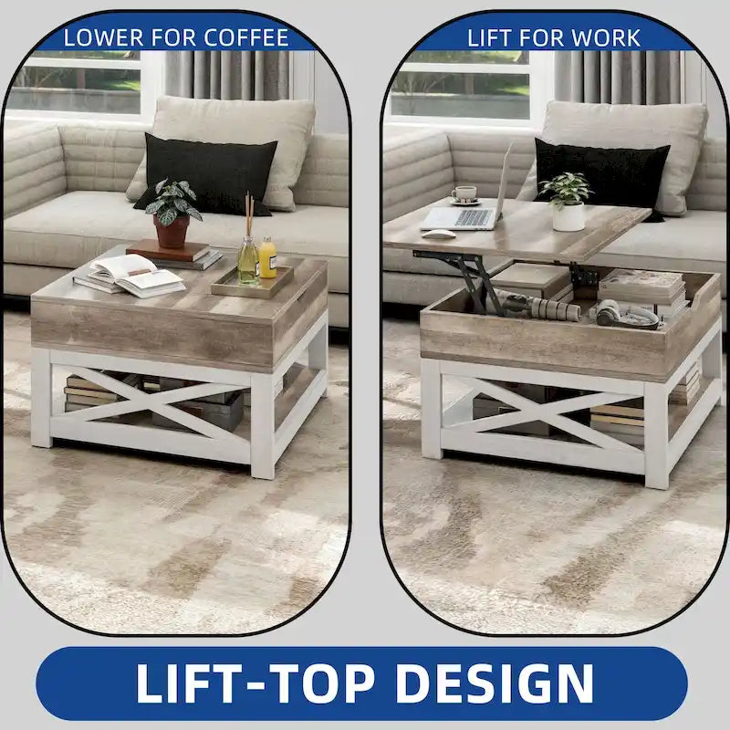 Table basse carrée Moasis Farmhouse avec plateau relevable et étagère de rangement pour salon