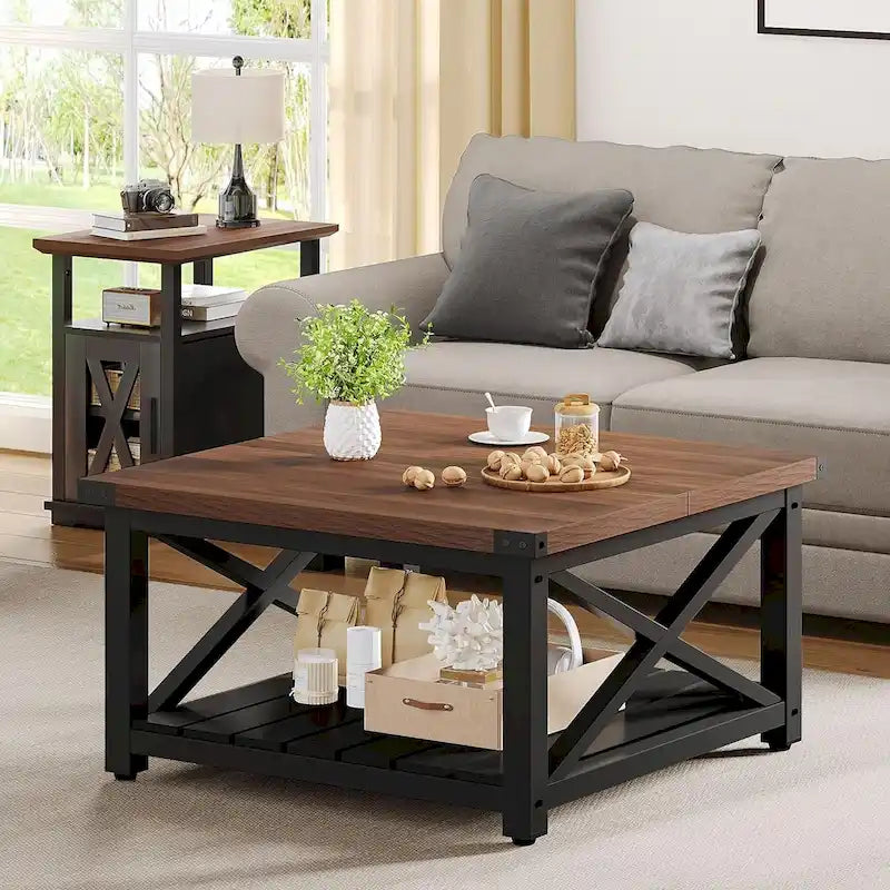 Table basse carrée Moasis Farmhouse avec plateau relevable et étagère de rangement pour salon
