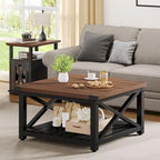 Table basse carrée Moasis Farmhouse avec plateau relevable et étagère de rangement pour salon