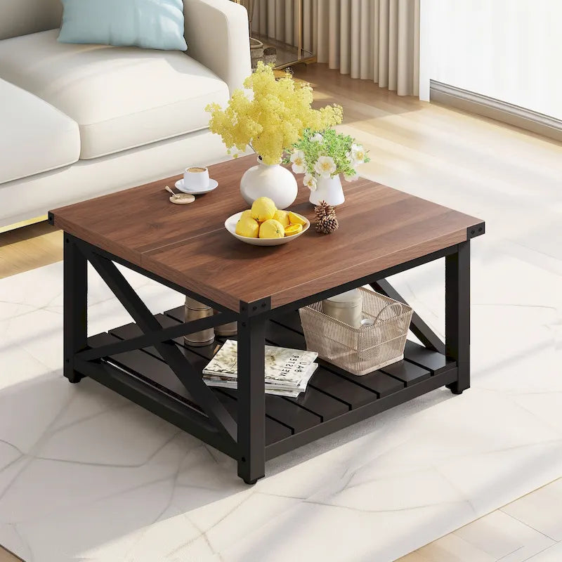 Table basse carrée Moasis Farmhouse avec plateau relevable et étagère de rangement pour salon