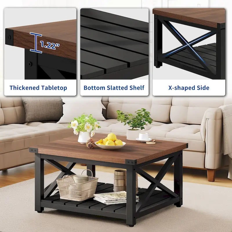 Table basse carrée Moasis Farmhouse avec plateau relevable et étagère de rangement pour salon
