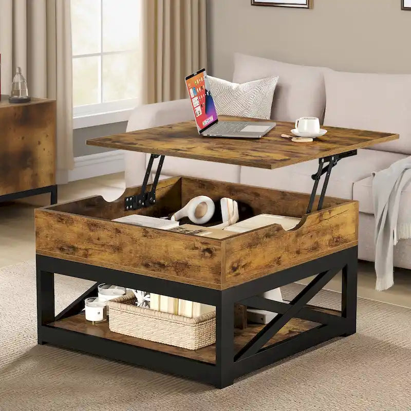Table basse carrée Moasis Farmhouse avec plateau relevable et étagère de rangement pour salon