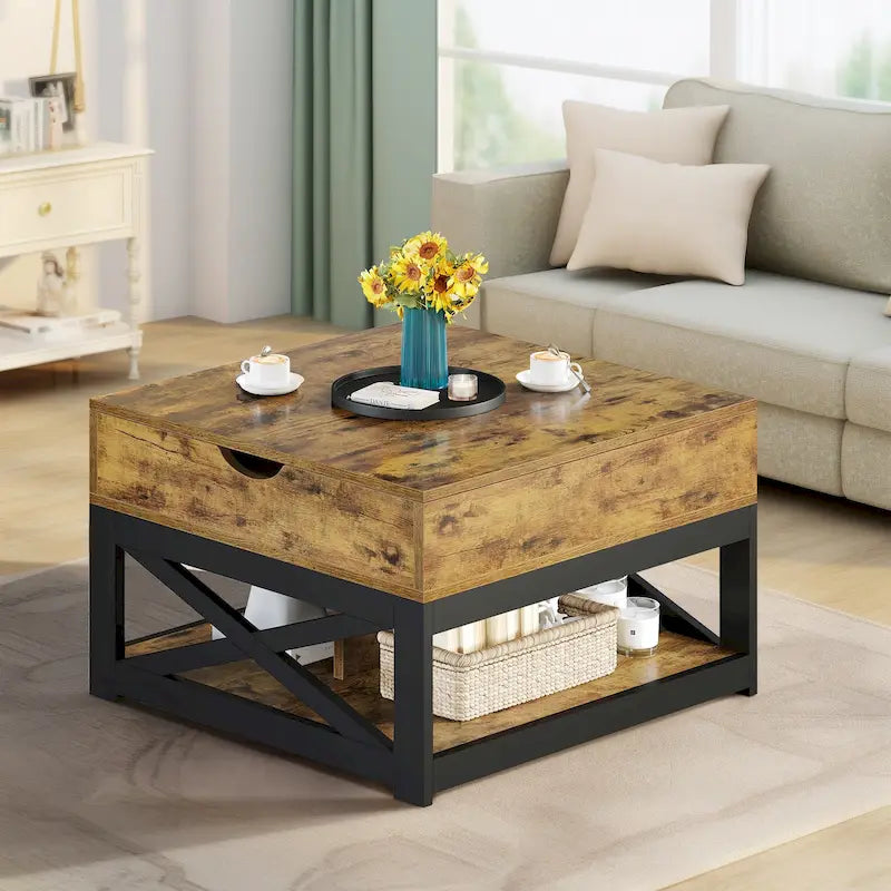 Table basse carrée Moasis Farmhouse avec plateau relevable et étagère de rangement pour salon