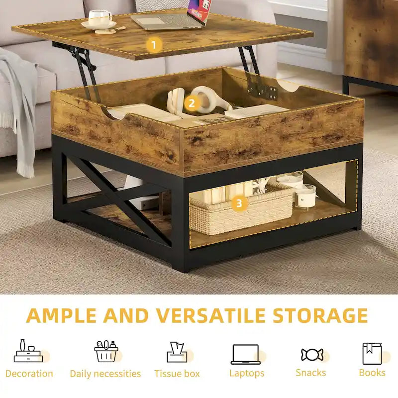 Table basse carrée Moasis Farmhouse avec plateau relevable et étagère de rangement pour salon