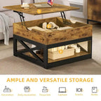 Table basse carrée Moasis Farmhouse avec plateau relevable et étagère de rangement pour salon