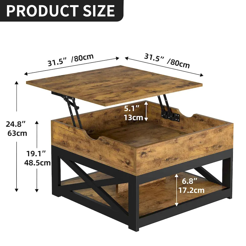 Table basse carrée Moasis Farmhouse avec plateau relevable et étagère de rangement pour salon