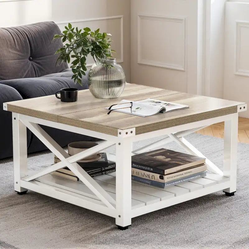 Table basse carrée Moasis Farmhouse avec plateau relevable et étagère de rangement pour salon