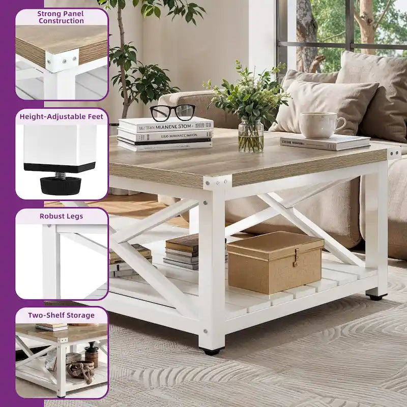 Table basse carrée Moasis Farmhouse avec plateau relevable et étagère de rangement pour salon