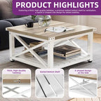 Table basse carrée Moasis Farmhouse avec plateau relevable et étagère de rangement pour salon