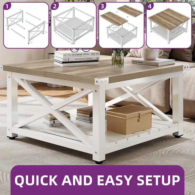 Table basse carrée Moasis Farmhouse avec plateau relevable et étagère de rangement pour salon