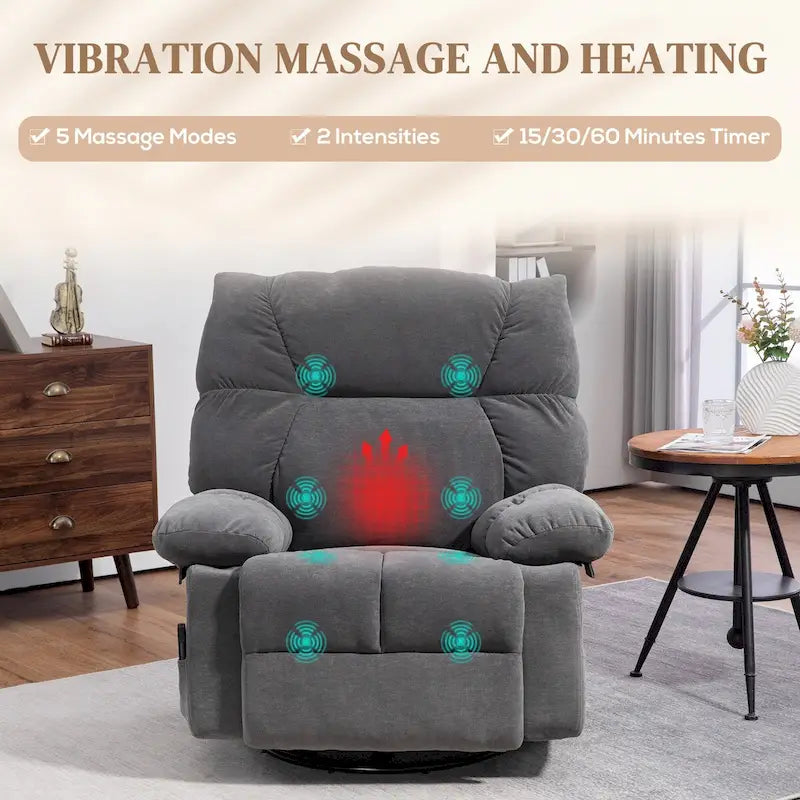 Fauteuil de massage vibrant HOMCOM gris foncé avec fonction chauffante, fauteuil à bascule pivotant surdimensionné, canapé une place