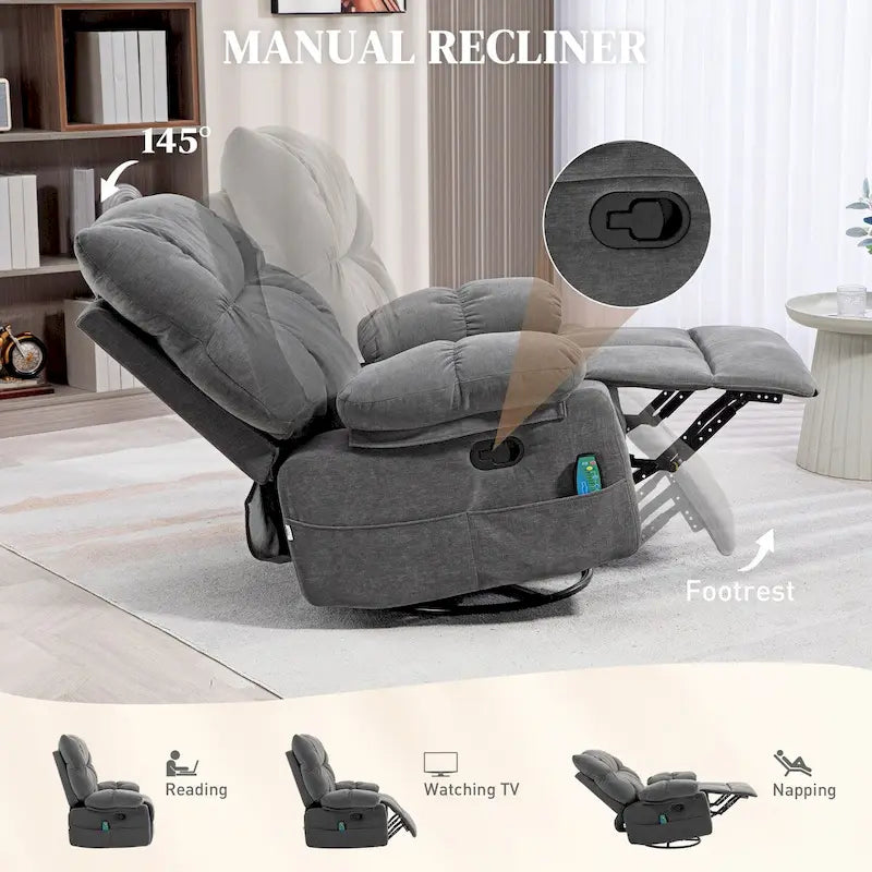 Fauteuil de massage vibrant HOMCOM gris foncé avec fonction chauffante, fauteuil à bascule pivotant surdimensionné, canapé une place
