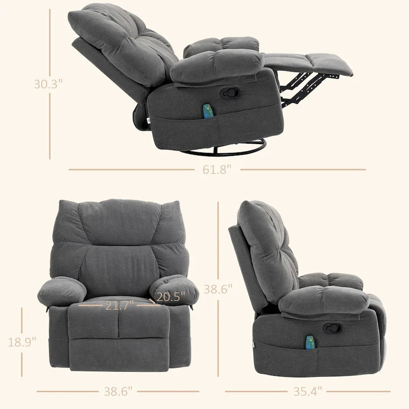 Fauteuil de massage vibrant HOMCOM gris foncé avec fonction chauffante, fauteuil à bascule pivotant surdimensionné, canapé une place