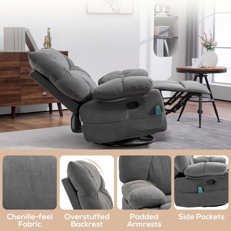 Fauteuil de massage vibrant HOMCOM gris foncé avec fonction chauffante, fauteuil à bascule pivotant surdimensionné, canapé une place