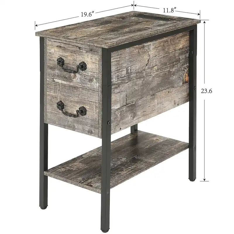 Table d'appoint avec station de recharge, table de chevet étroite avec tiroirs, ports USB et prises électriques, table de nuit pour petits espaces