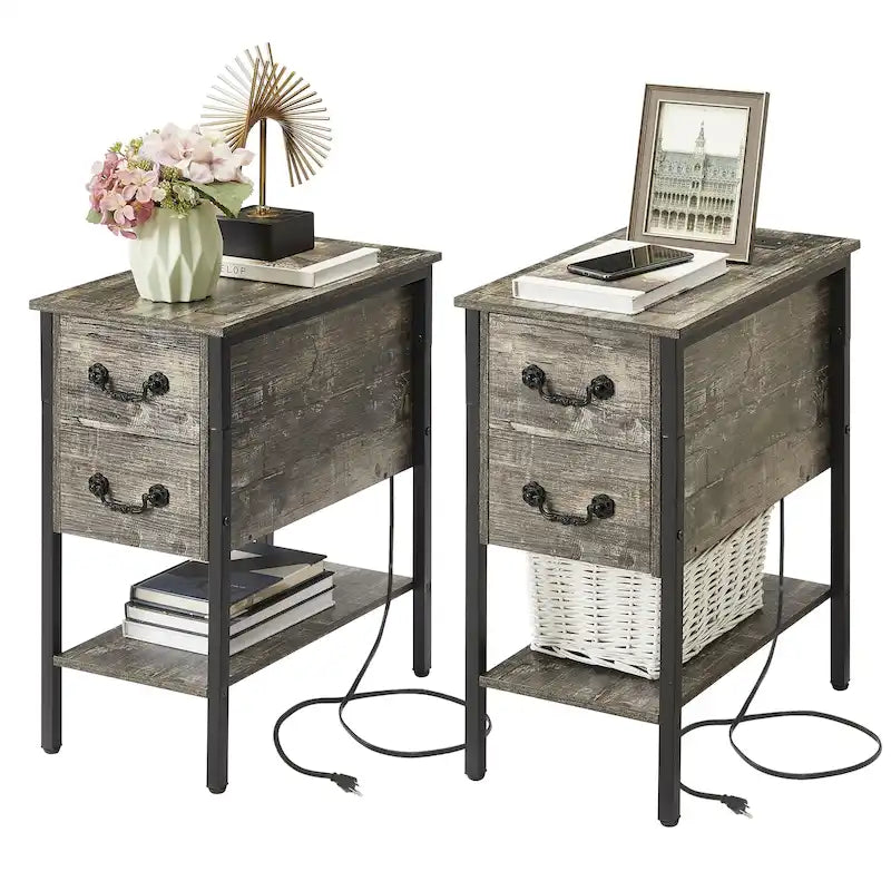 Table d'appoint avec station de recharge, table de chevet étroite avec tiroirs, ports USB et prises électriques, table de nuit pour petits espaces