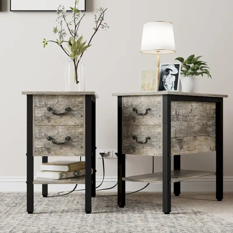 Table d'appoint avec station de recharge, table de chevet étroite avec tiroirs, ports USB et prises électriques, table de nuit pour petits espaces