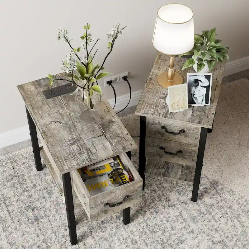Table d'appoint avec station de recharge, table de chevet étroite avec tiroirs, ports USB et prises électriques, table de nuit pour petits espaces