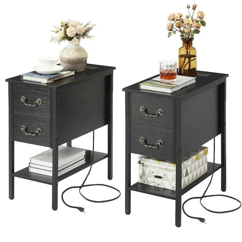 Table d'appoint avec station de recharge, table de chevet étroite avec tiroirs, ports USB et prises électriques, table de nuit pour petits espaces
