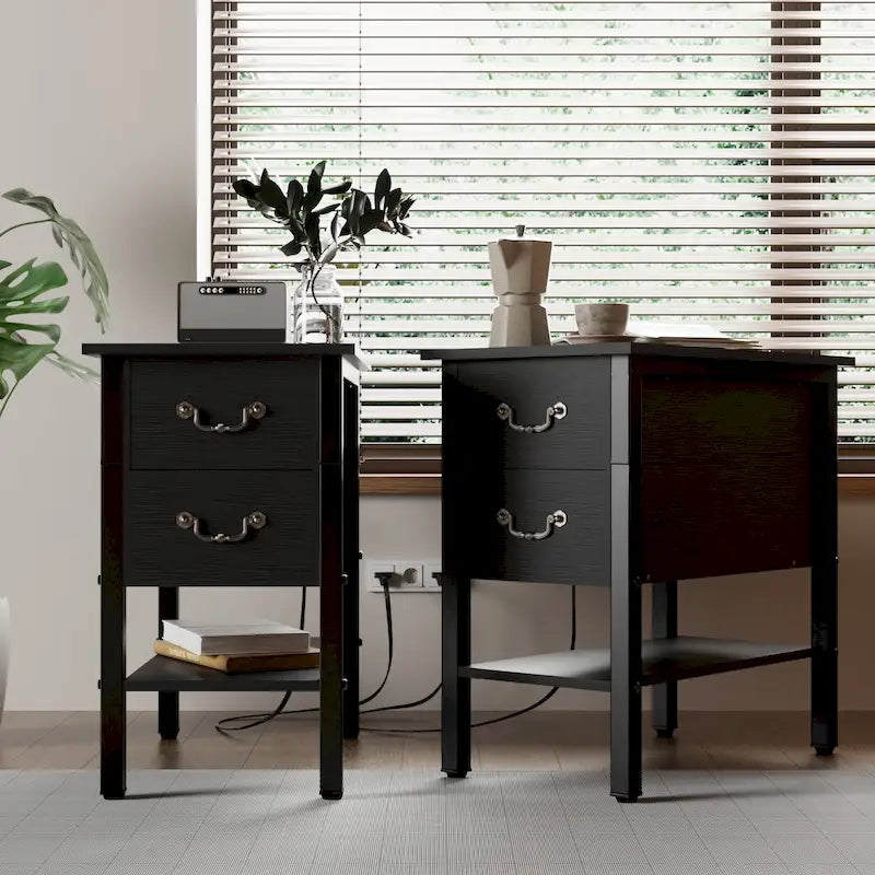 Table d'appoint avec station de recharge, table de chevet étroite avec tiroirs, ports USB et prises électriques, table de nuit pour petits espaces