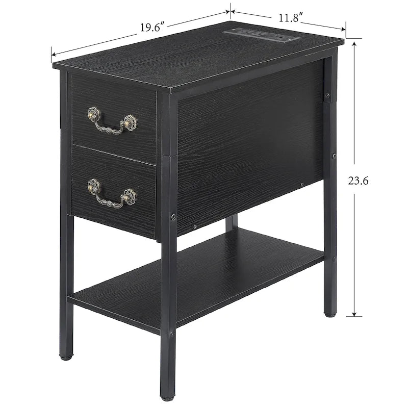 Table d'appoint avec station de recharge, table de chevet étroite avec tiroirs, ports USB et prises électriques, table de nuit pour petits espaces