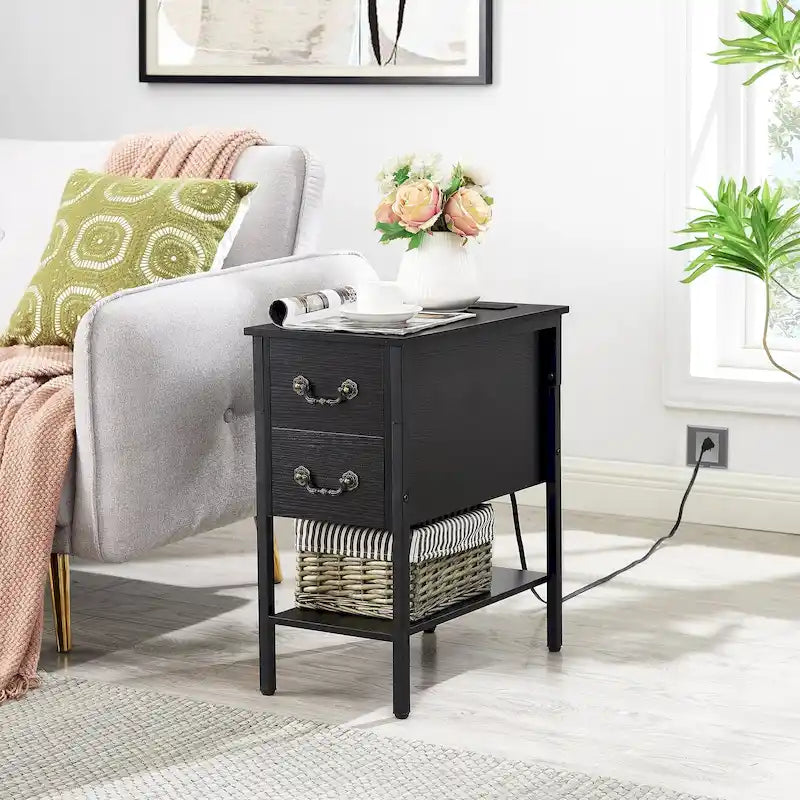 Table d'appoint avec station de recharge, table de chevet étroite avec tiroirs, ports USB et prises électriques, table de nuit pour petits espaces