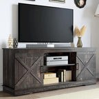 Meuble TV Moasis style ferme avec porte de grange, console multimédia et rangements intégrés