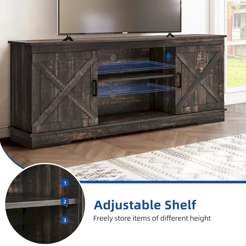 Meuble TV Moasis style ferme avec porte de grange, console multimédia et rangements intégrés