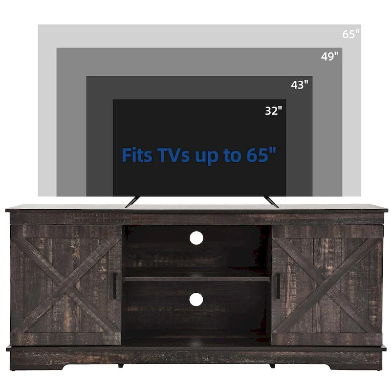 Meuble TV Moasis style ferme avec porte de grange, console multimédia et rangements intégrés