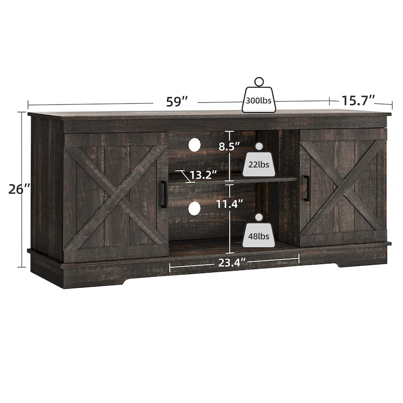 Meuble TV Moasis style ferme avec porte de grange, console multimédia et rangements intégrés