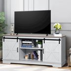 Meuble TV Moasis style ferme avec porte de grange, console multimédia et rangements intégrés
