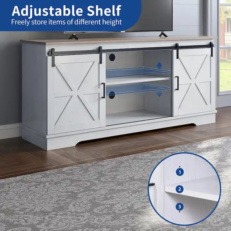 Meuble TV Moasis style ferme avec porte de grange, console multimédia et rangements intégrés
