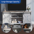 Meuble TV Moasis style ferme avec porte de grange, console multimédia et rangements intégrés