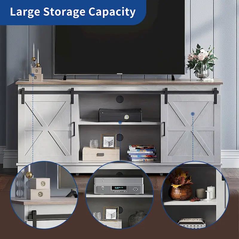 Meuble TV Moasis style ferme avec porte de grange, console multimédia et rangements intégrés