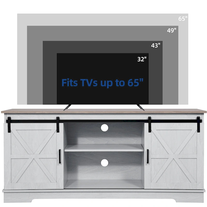 Meuble TV Moasis style ferme avec porte de grange, console multimédia et rangements intégrés