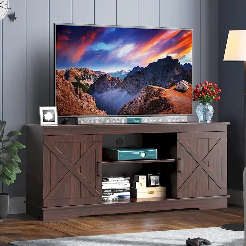 Meuble TV Moasis style ferme avec porte de grange, console multimédia et rangements intégrés