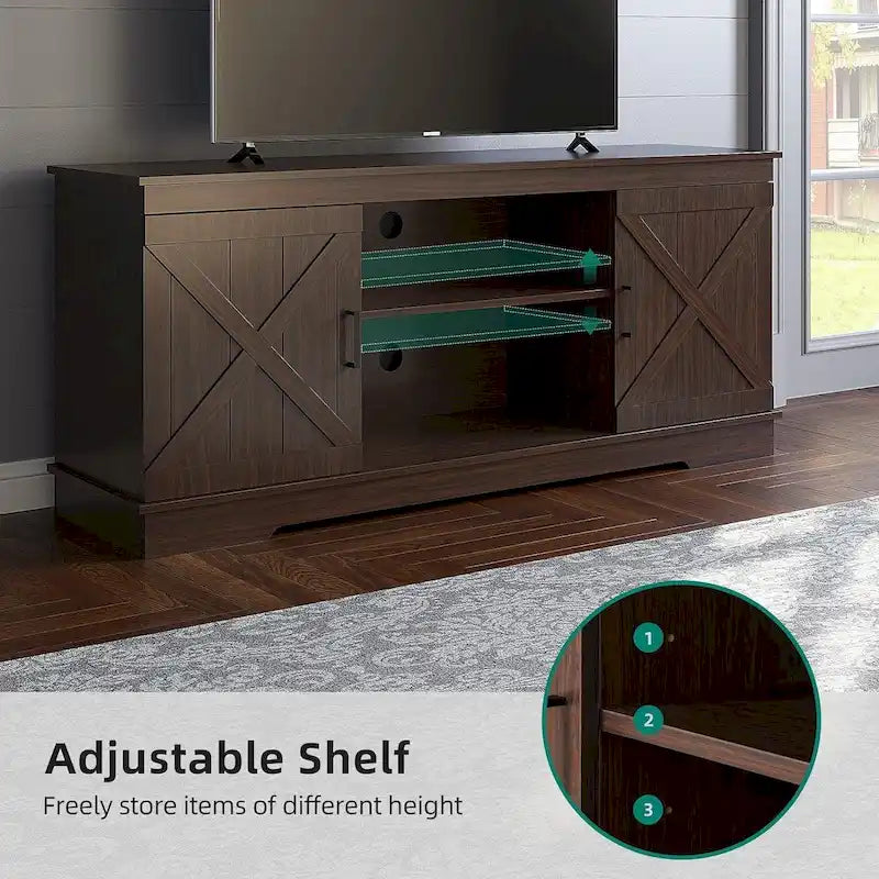 Meuble TV Moasis style ferme avec porte de grange, console multimédia et rangements intégrés