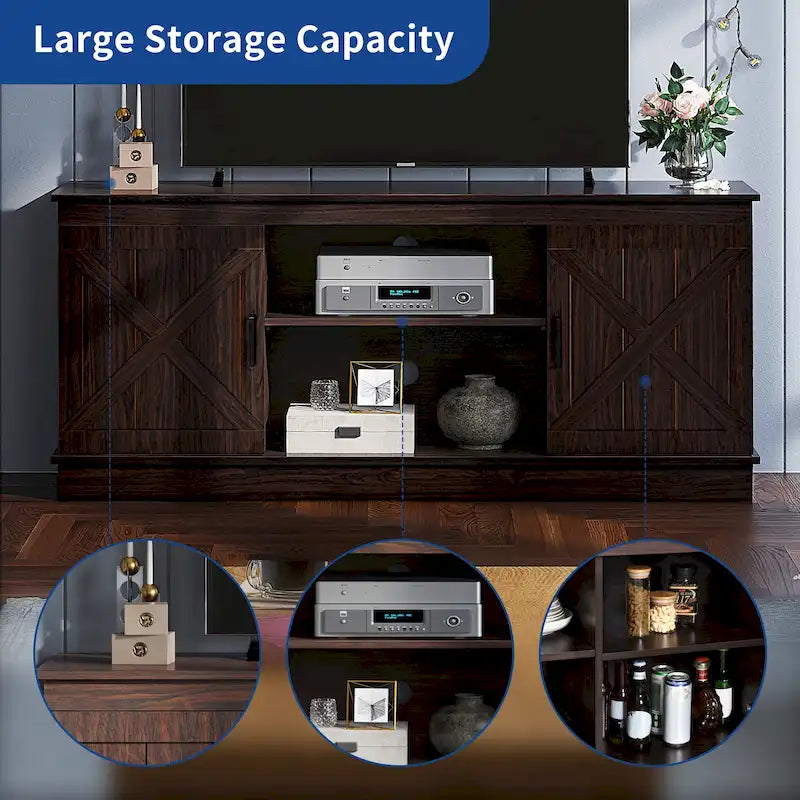 Meuble TV Moasis style ferme avec porte de grange, console multimédia et rangements intégrés