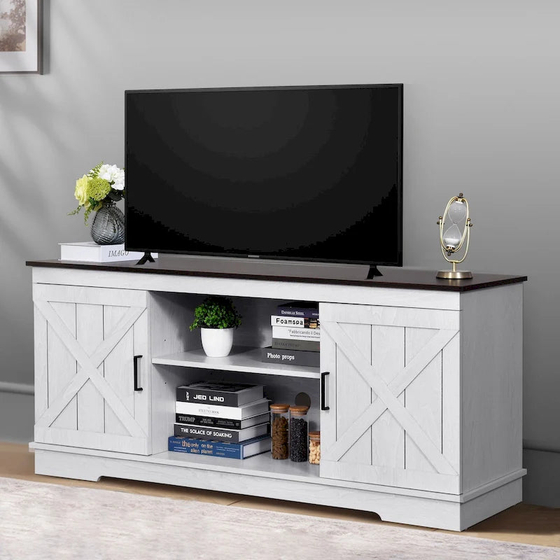 Meuble TV Moasis style ferme avec porte de grange, console multimédia et rangements intégrés