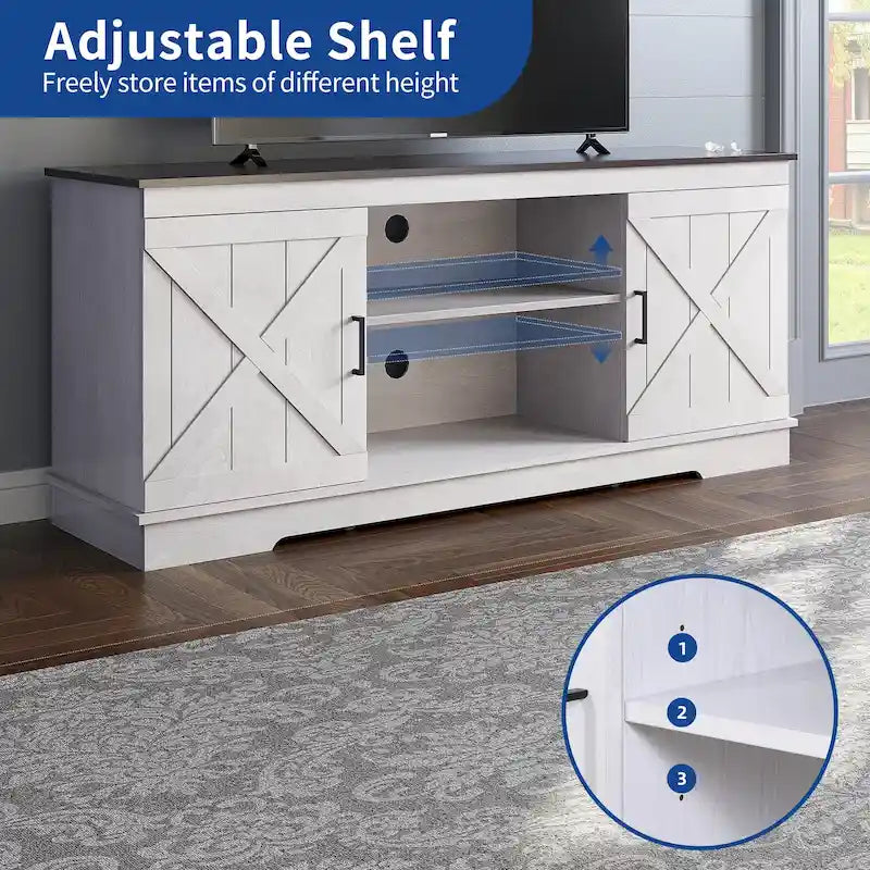 Meuble TV Moasis style ferme avec porte de grange, console multimédia et rangements intégrés