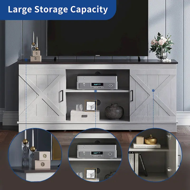 Meuble TV Moasis style ferme avec porte de grange, console multimédia et rangements intégrés