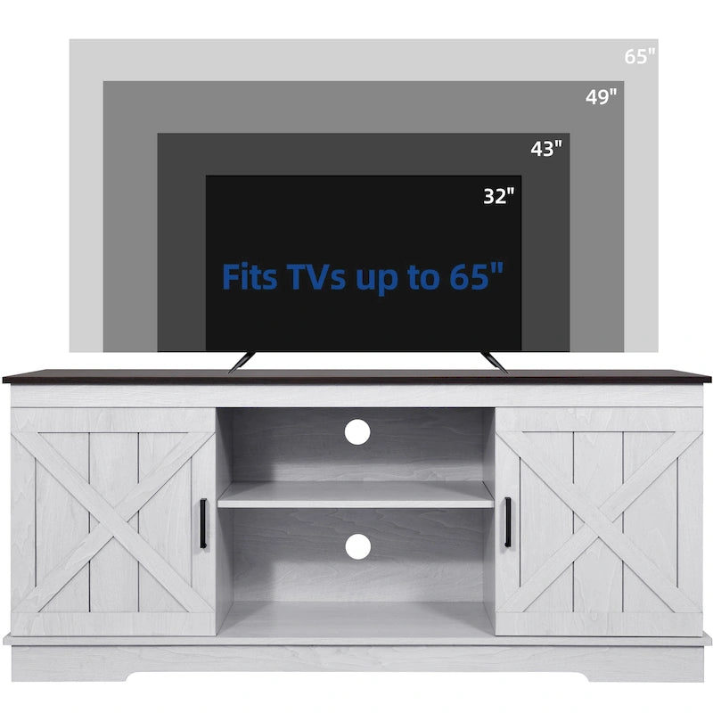 Meuble TV Moasis style ferme avec porte de grange, console multimédia et rangements intégrés